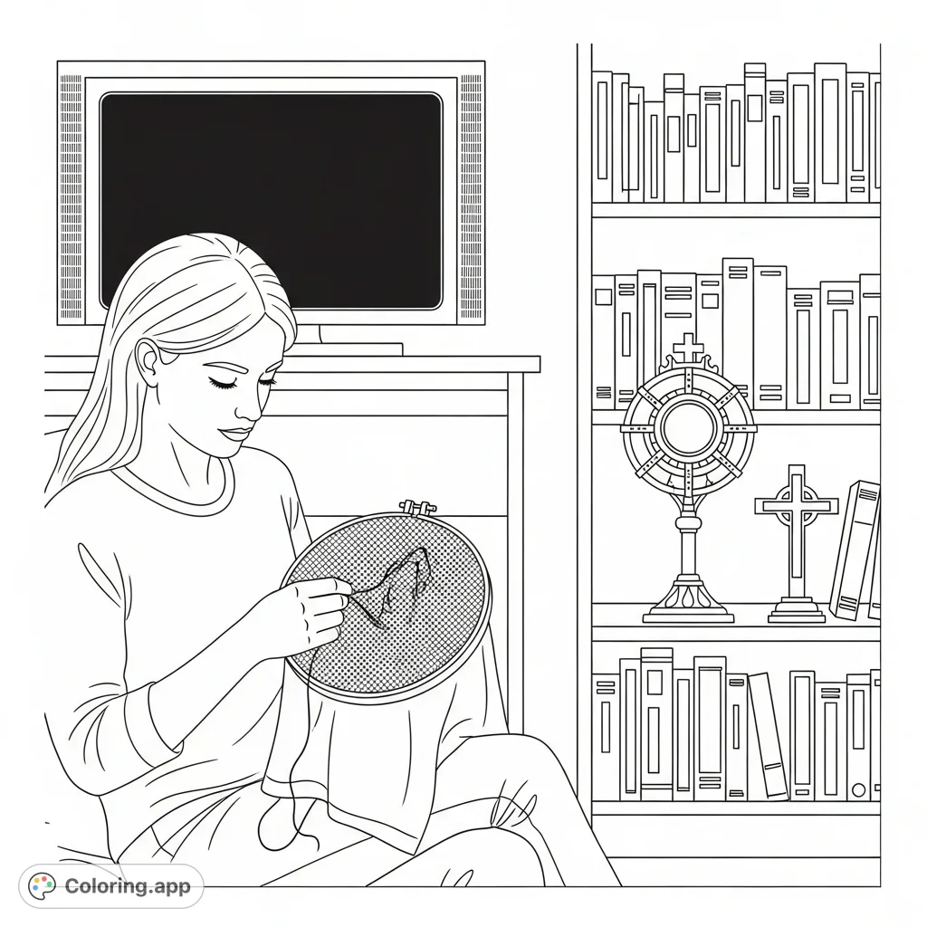 A serene woman engages in needlepoint, surrounded by a cozy domestic setting featuring a television and a bookshelf adorned with religious artifacts like a monstrance and cross.