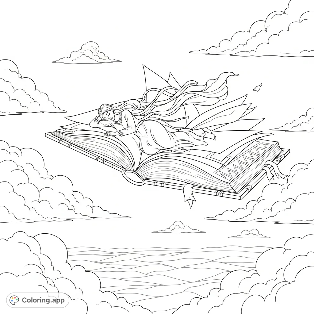 A graceful woman peacefully reclines on a gigantic, open book, soaring through a cloud-filled sky above distant landforms. An enchanting scene of literary escape.