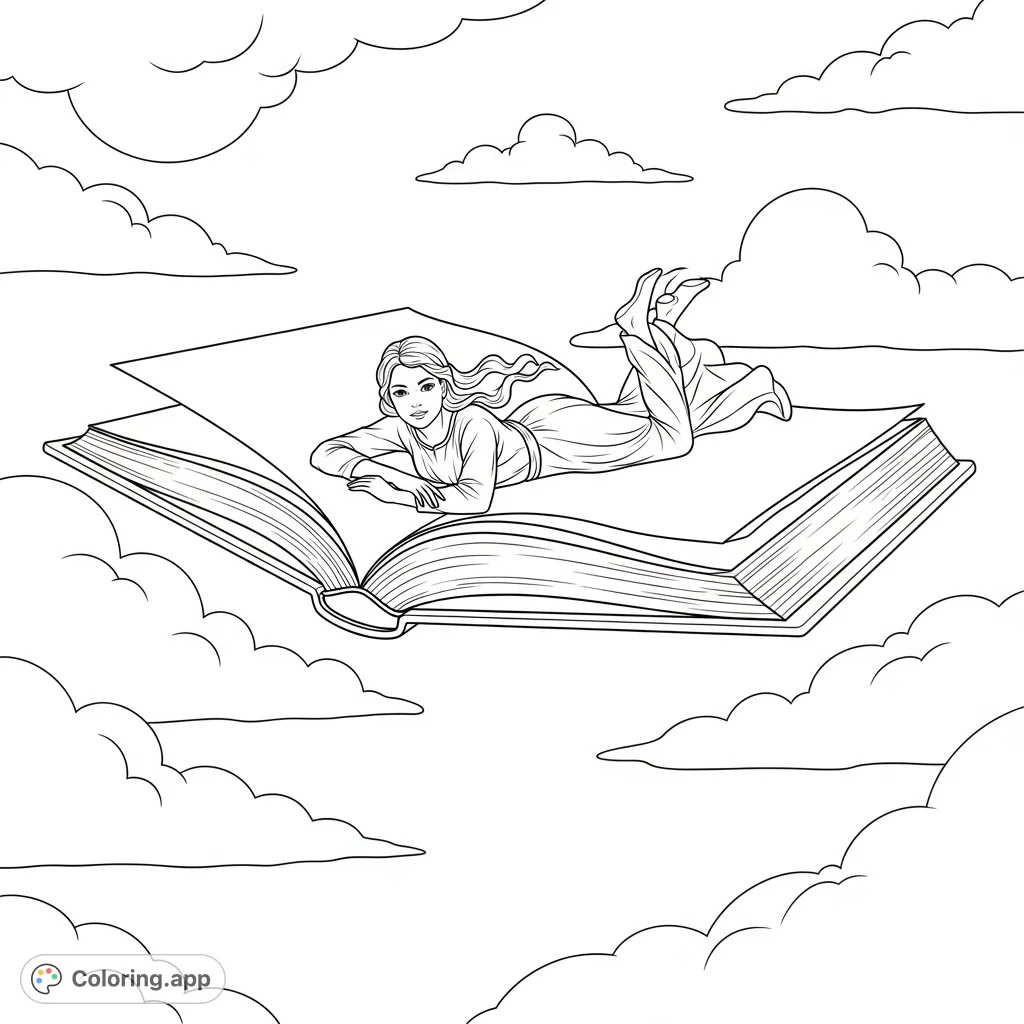 A captivating flying book coloring page featuring a woman gracefully soaring on an open book through a cloud-filled sky. Unleash your imagination!