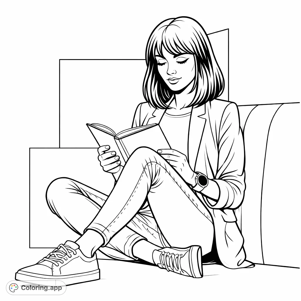 Engage in a moment of quiet reflection with this coloring page featuring a woman absorbed in reading. Perfect for relaxing and creative expression.
