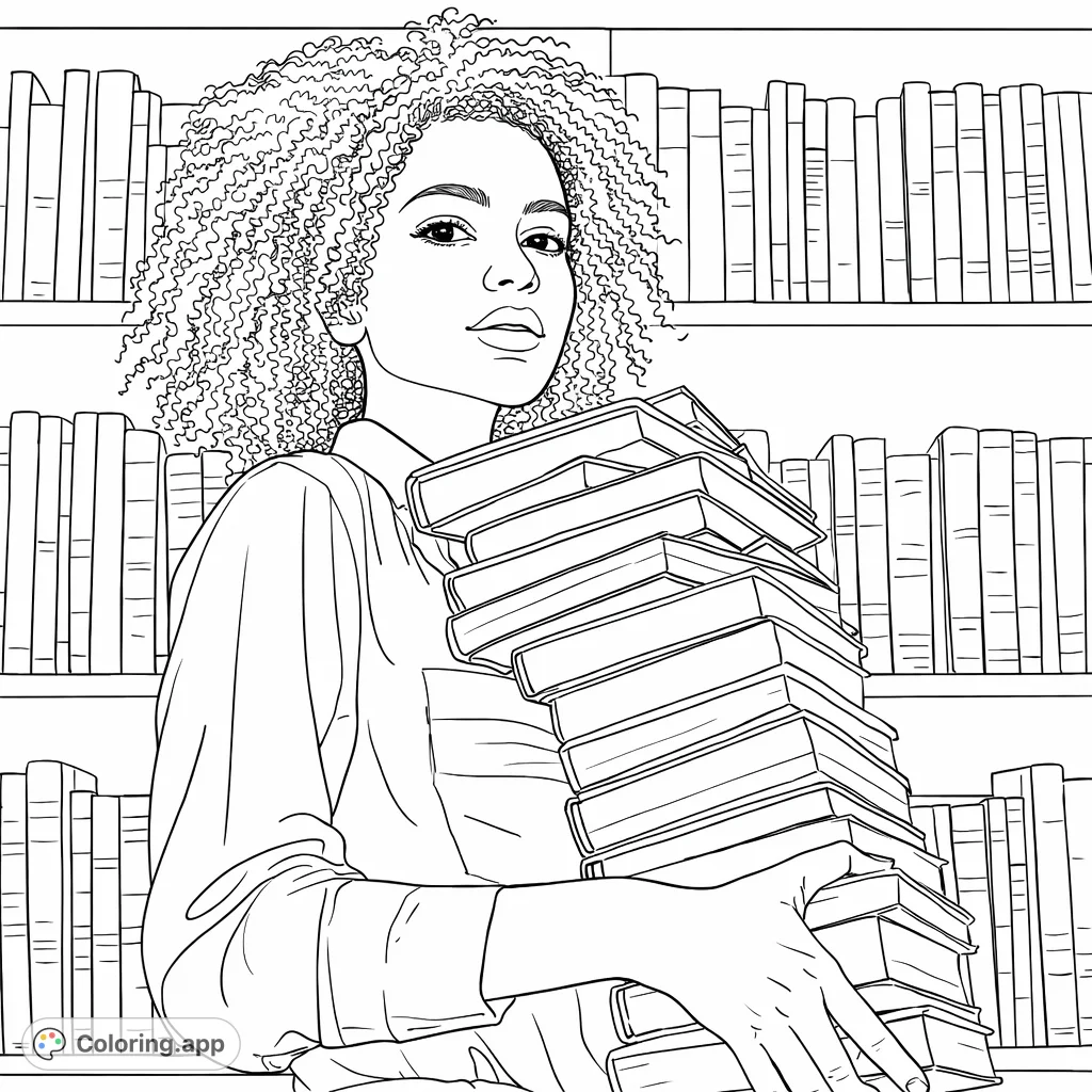 A detailed coloring page featuring a young woman with curly hair holding a towering stack of books against a background of densely packed library shelves.