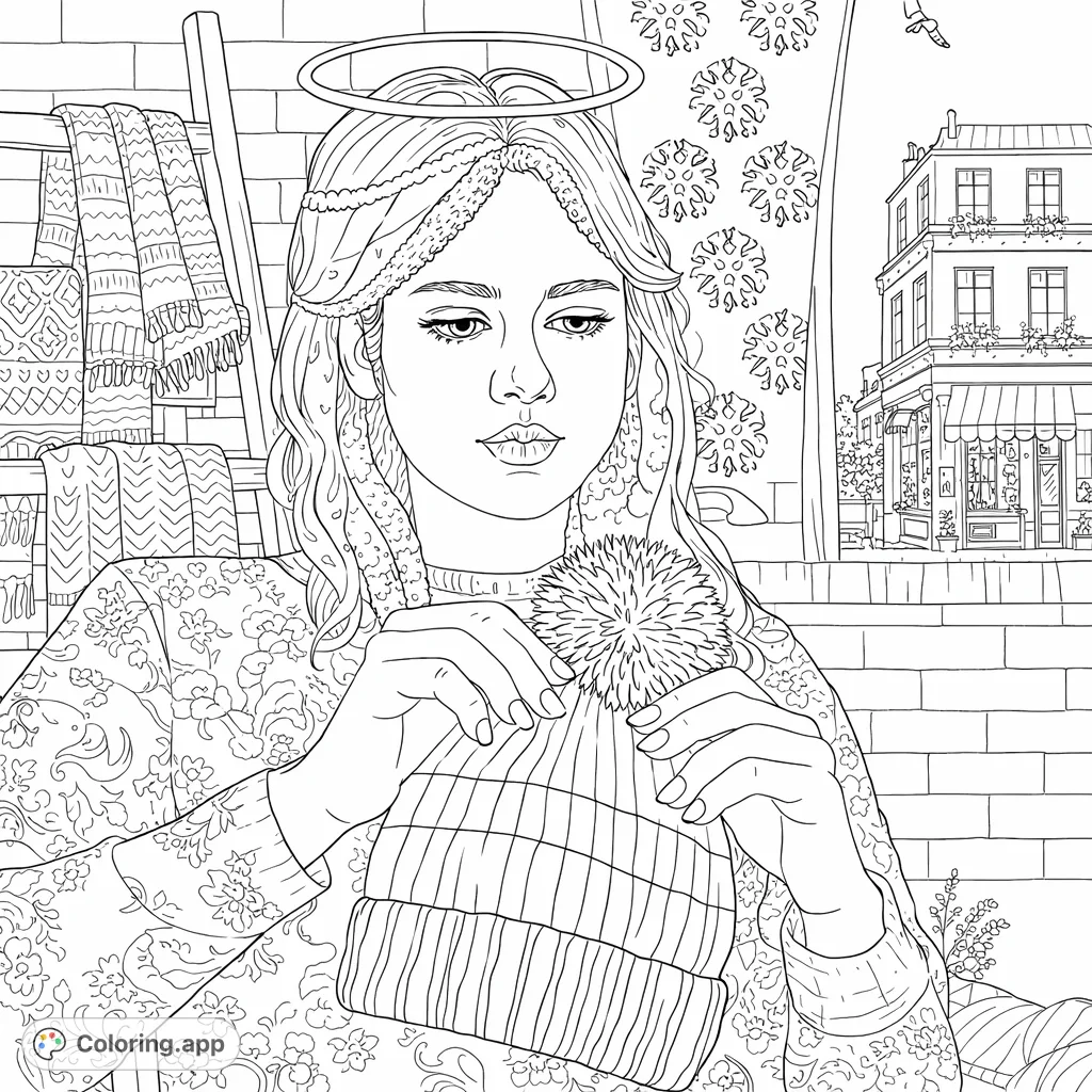 A thoughtful woman holds a striped beanie with a pom-pom, set against a collage of cozy textiles, patterned walls, and a charming urban scene. A unique creative challenge.