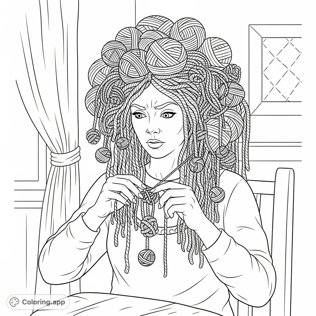 A whimsical woman with intricate yarn for hair meticulously untangles knots, set against a cozy backdrop. Perfect for creative minds seeking a unique coloring experience.