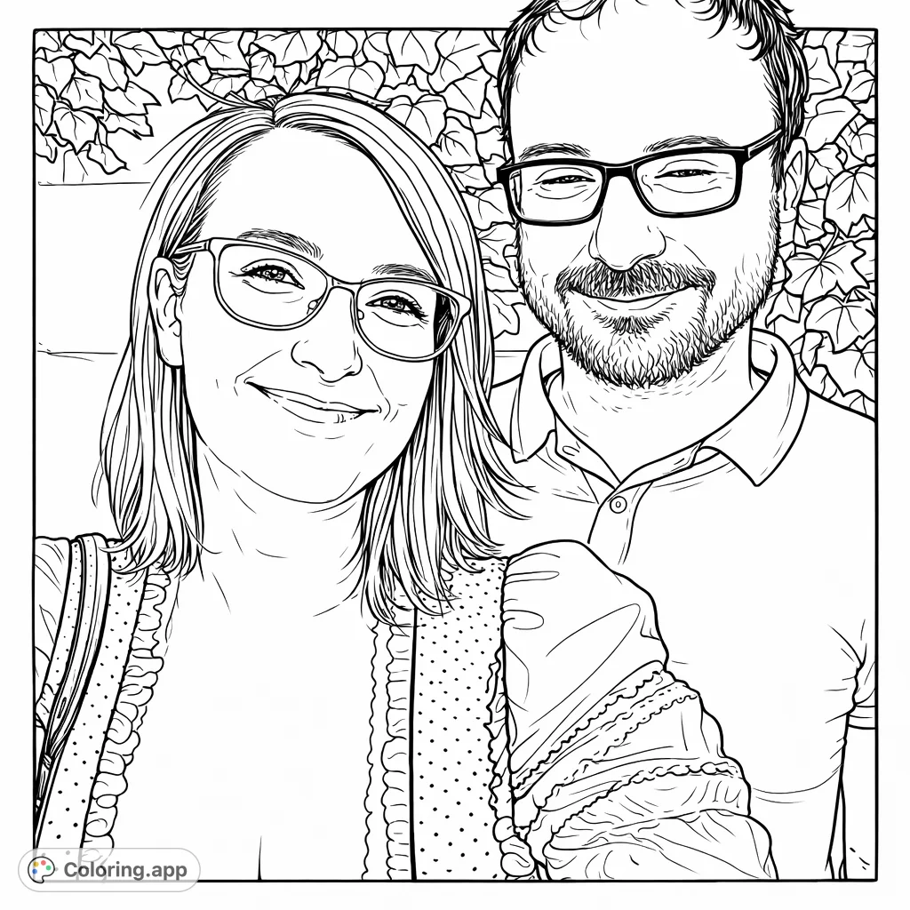 Color a cheerful portrait of two smiling individuals, one in traditional attire, against a backdrop of textured ivy. Perfect for personalizing.