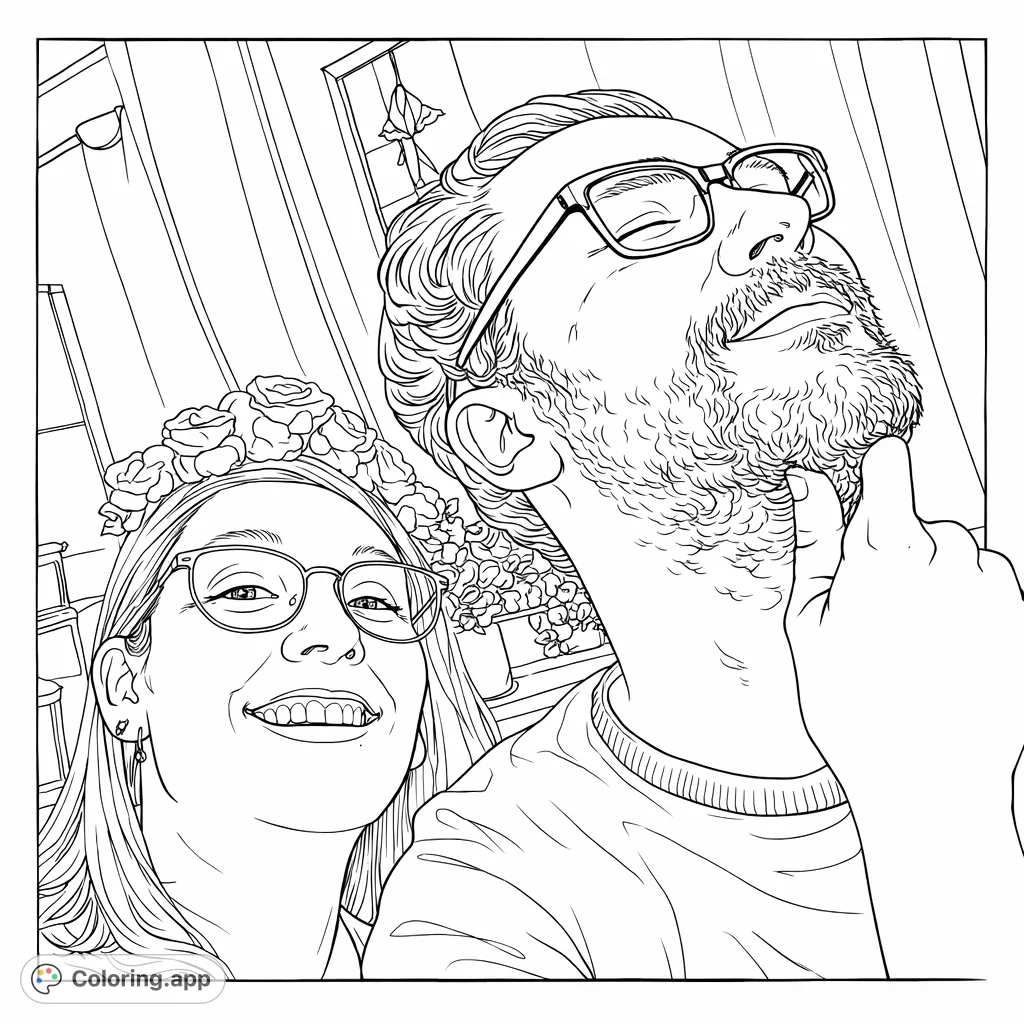 A heartwarming portrait of a smiling woman in a floral headband and a thoughtful man, perfect for personal expression and creative relaxation.