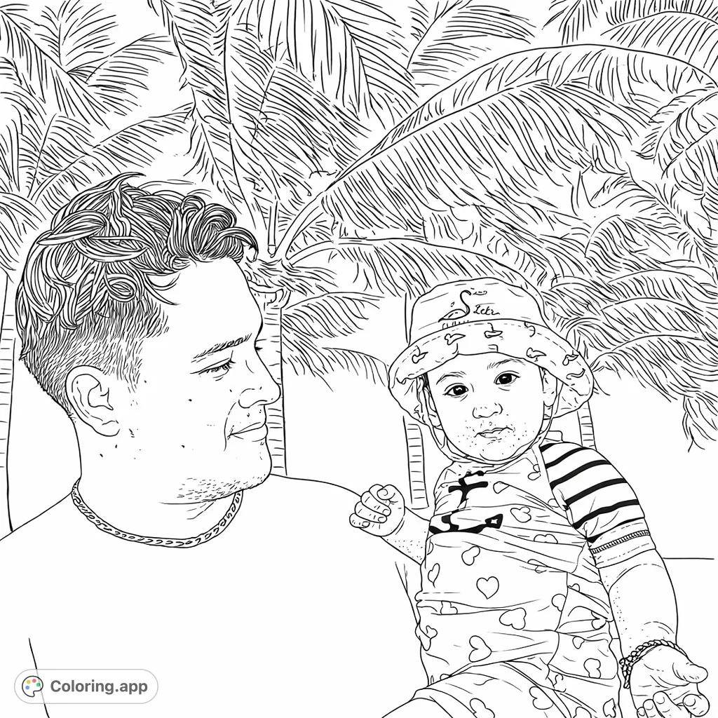 Capture a heartwarming family beach moment with a father holding his adorable, sand-covered baby. Perfect for celebrating family bonds and tropical fun.