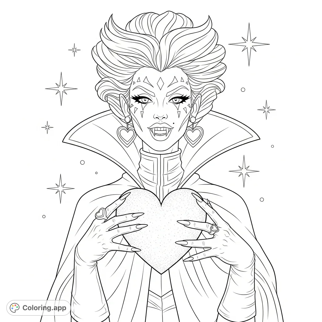 Unleash your creativity with this stylized female figure coloring page, featuring elaborate hair, a dramatic cape-like garment, fangs, and a textured heart.