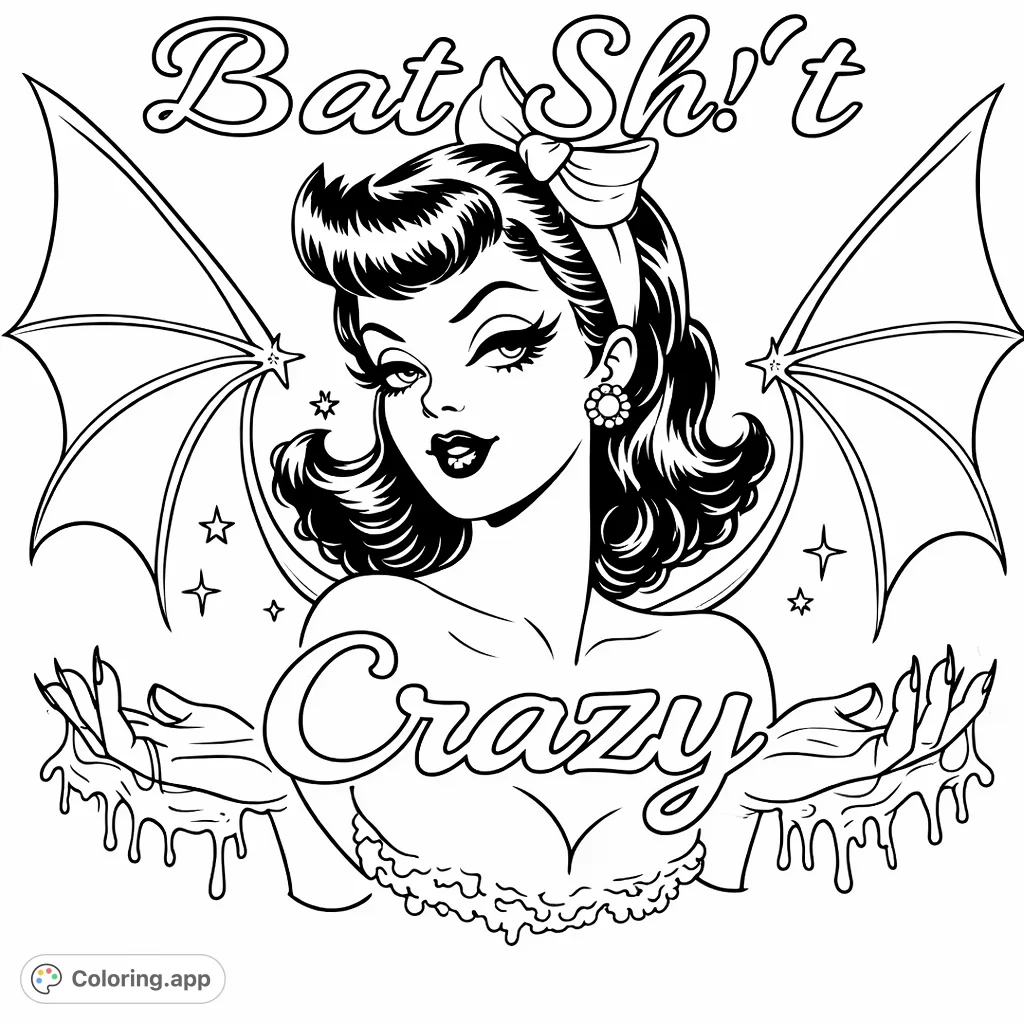 Step into a world of spooky glamour with this unique pin-up woman coloring page. Features a stylized figure with bat wings, intricate details, and a fun, quirky vibe.