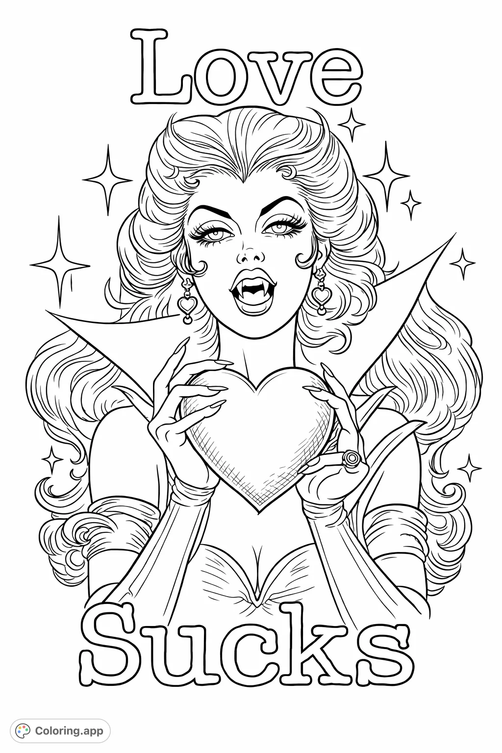 Unleash your inner rebel with this gothic pop-art vampire siren holding a sparkling heart. A striking 'Love Sucks' themed coloring page for a bold statement.
