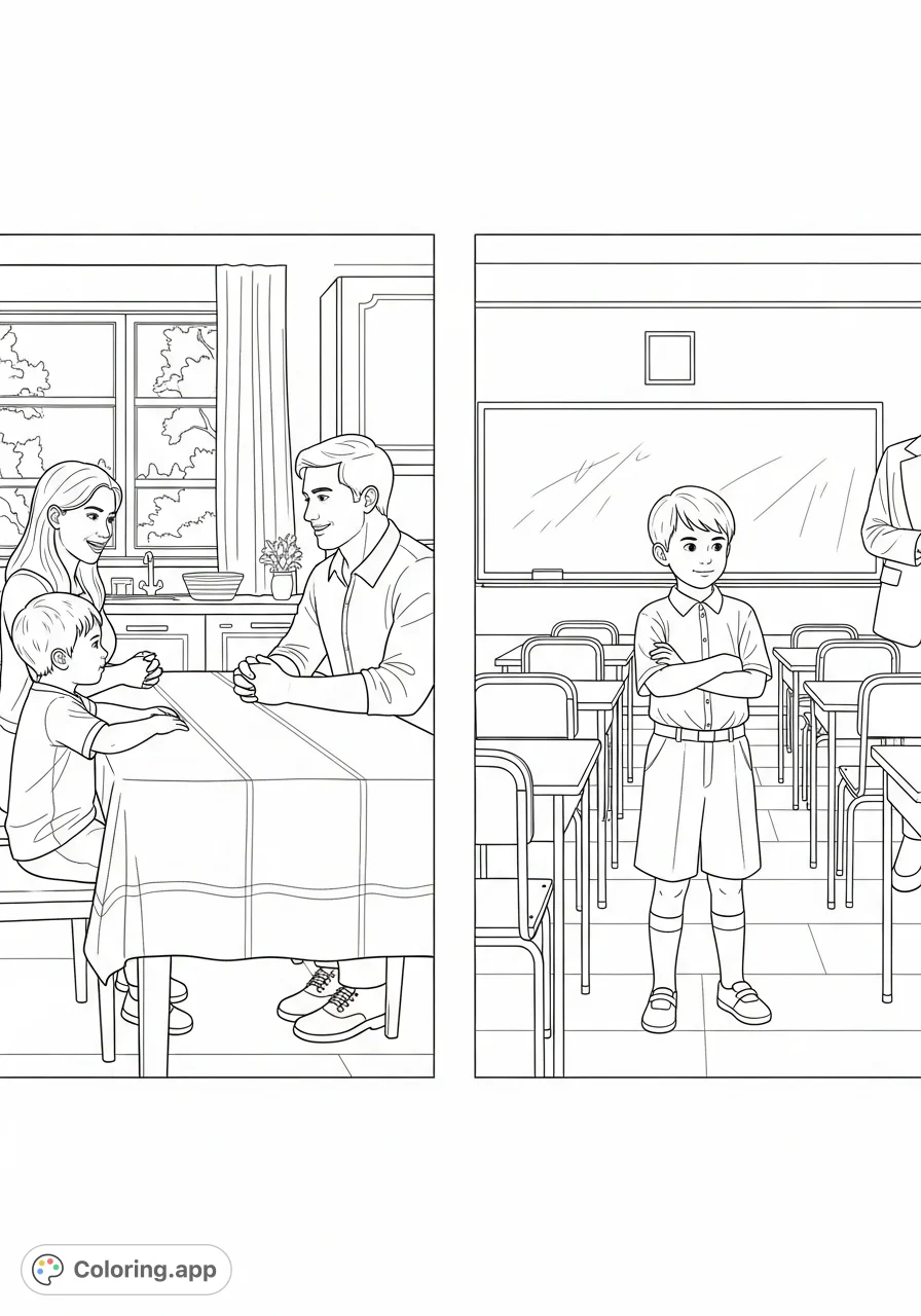 Explore a child's journey in a compelling two-panel coloring page, depicting thoughtful family interaction and a challenging school moment.