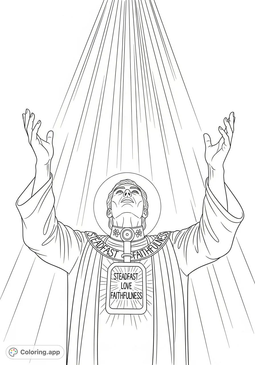 A powerful image of a man reaching for divine light, embodying 'steadfast love' and 'faithfulness' on his collar and a glowing tablet on his chest.