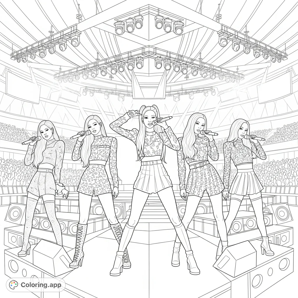 Capture Blackpink in a dynamic stage performance, with each member striking a pose and holding a microphone amidst a detailed concert setup.