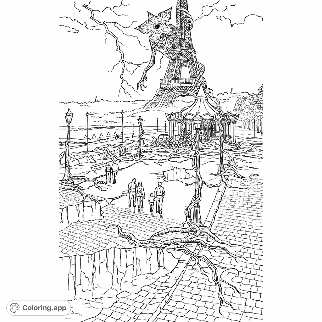 A terrifying creature emerges from the Eiffel Tower, threatening a desolate Parisian landscape with cracked earth and ominous skies. A thrilling, eerie coloring adventure.