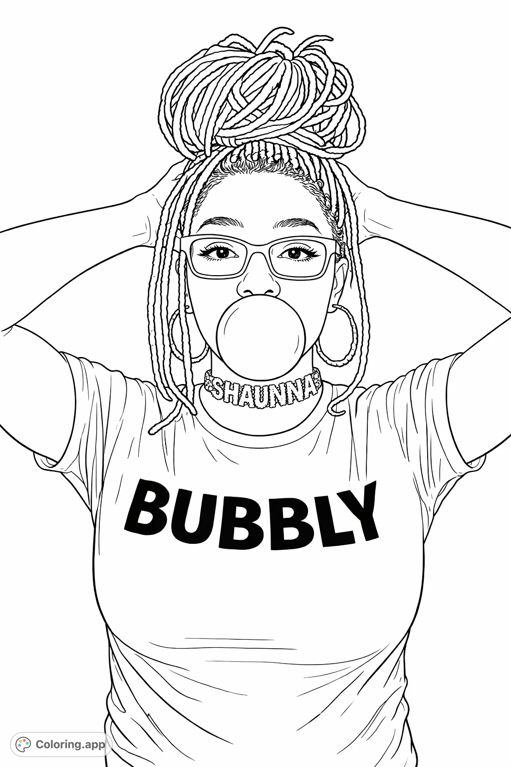 A modern character with locs and glasses blowing a large bubble, wearing a 'BUBBLY' shirt and a unique necklace. Perfect for fashion-forward coloring!