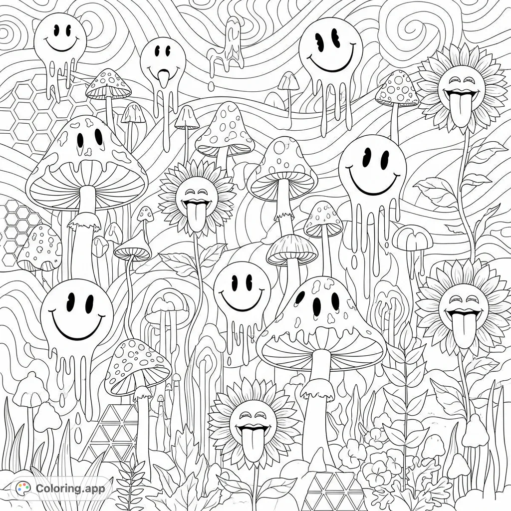 Explore a whimsical, surreal coloring page featuring melting smiley faces, fantastical mushrooms, and sunflowers with playful tongues, set against abstract swirling patterns.