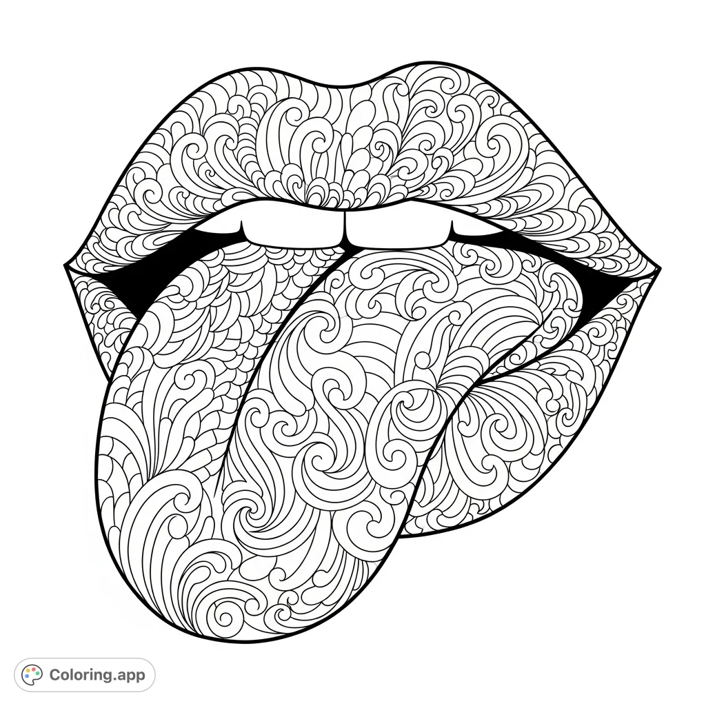 Intricate psychedelic lips with a playful tongue extending outwards, adorned with dense, swirling patterns that create a dynamic, visually captivating abstract form.