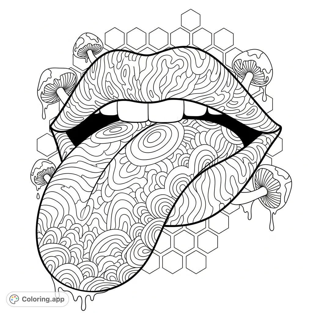 Dive into a psychedelic visual with this trippy lips coloring page. Features exaggerated lips and a playful, patterned tongue set against a swirling abstract background.