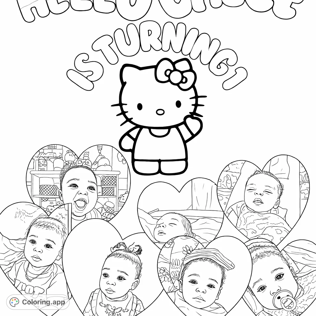 A delightful first birthday collage featuring a cheerful cat character and an array of adorable infant portraits in heart-shaped frames, celebrating a special milestone.