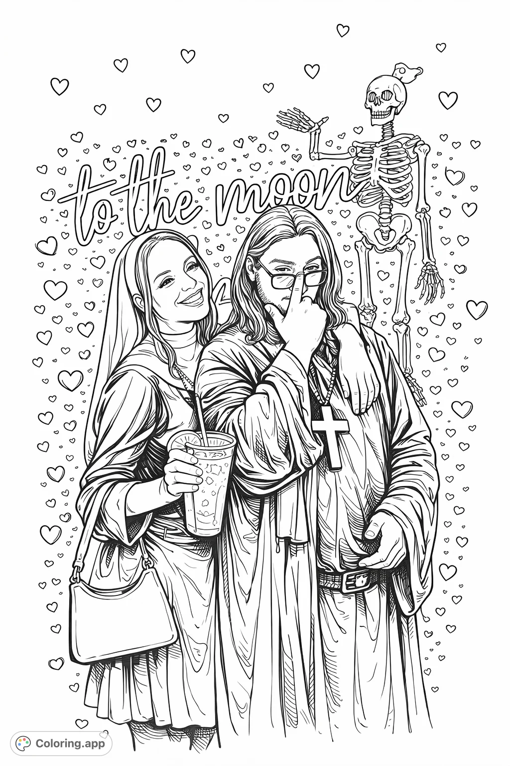 A detailed coloring page featuring two friends in a realistic party setting with neon "to the moon" signage, a stylized skeleton, and intricate decorative heart patterns.