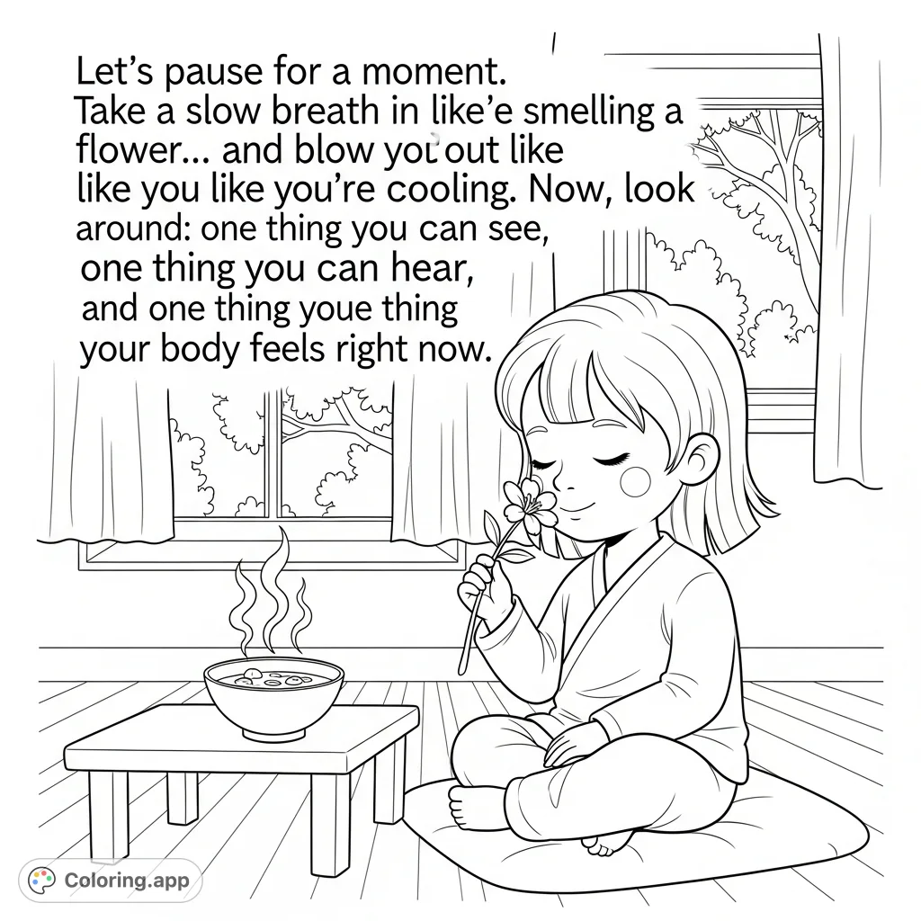 A serene coloring page featuring a child practicing mindfulness with a flower and soup, promoting calm and sensory awareness. Perfect for relaxation.