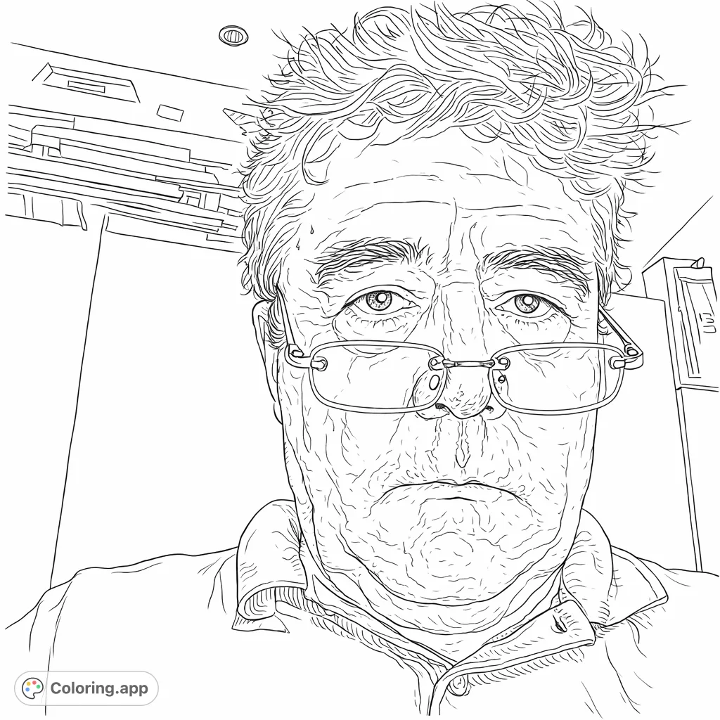 Color a distinguished gentleman's portrait featuring detailed hair, realistic facial features, and eyeglasses. A perfect printable for character study and shading practice.