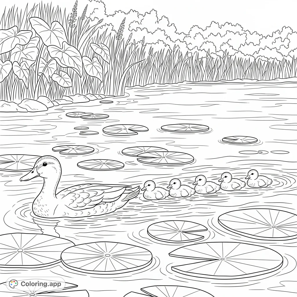 A charming river scene featuring a mother duck swimming with her adorable ducklings among lily pads, surrounded by lush riverbank vegetation.