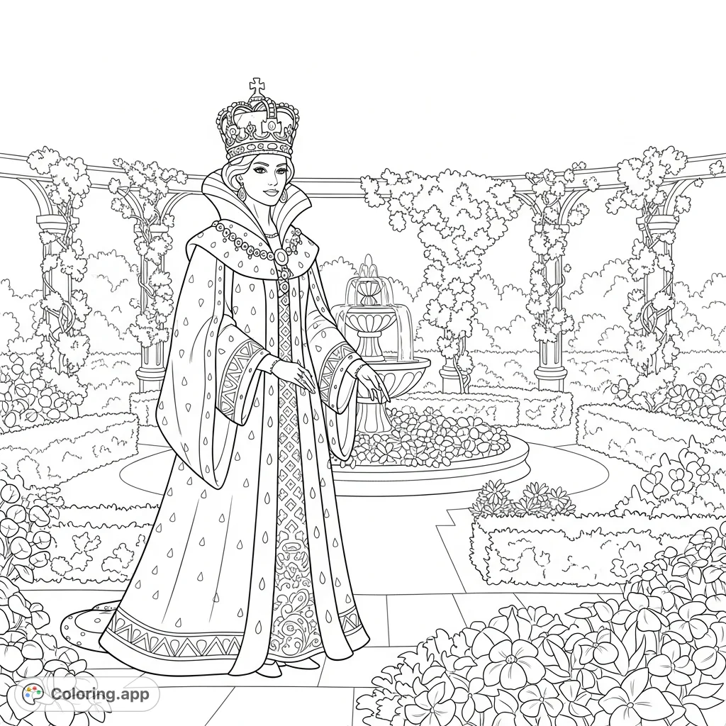 A majestic queen in flowing royal robes and crown, standing in a serene, blossoming garden. This elegant scene is perfect for those who enjoy regal and floral designs.