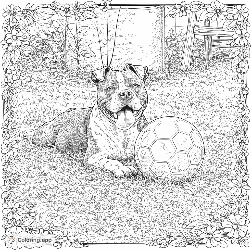 A charming dog lies playfully next to a soccer ball on a grassy lawn, surrounded by intricate decorative flowers and leaves. A captivating animal coloring page.