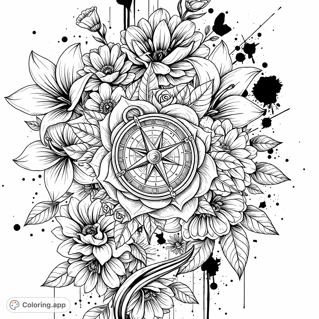 Compass Color Pages Floral Compass Rose Journey - Coloring.app