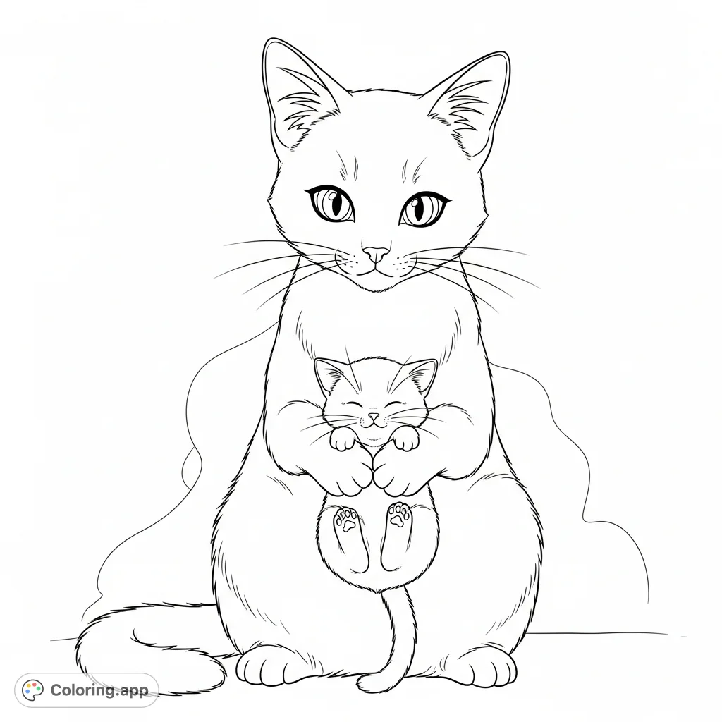 A heartwarming anime cat coloring page featuring a gentle parent cat lovingly holding its tiny kitten. Perfect for cat lovers and anime fans, offering a sweet scene to personalize.