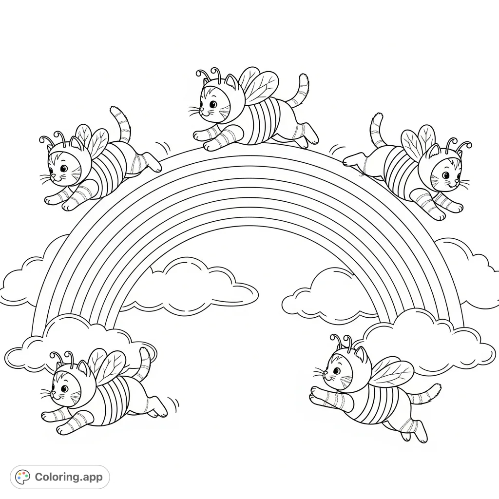 Five playful kittens in bumblebee costumes scamper across a vibrant rainbow, surrounded by soft clouds. A whimsical and charming scene for all ages.