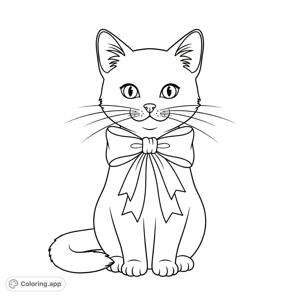 A delightful cute cat adorned with a graceful bow, featuring expressive eyes and a charming pose. A free printable cute cat coloring page for all ages.