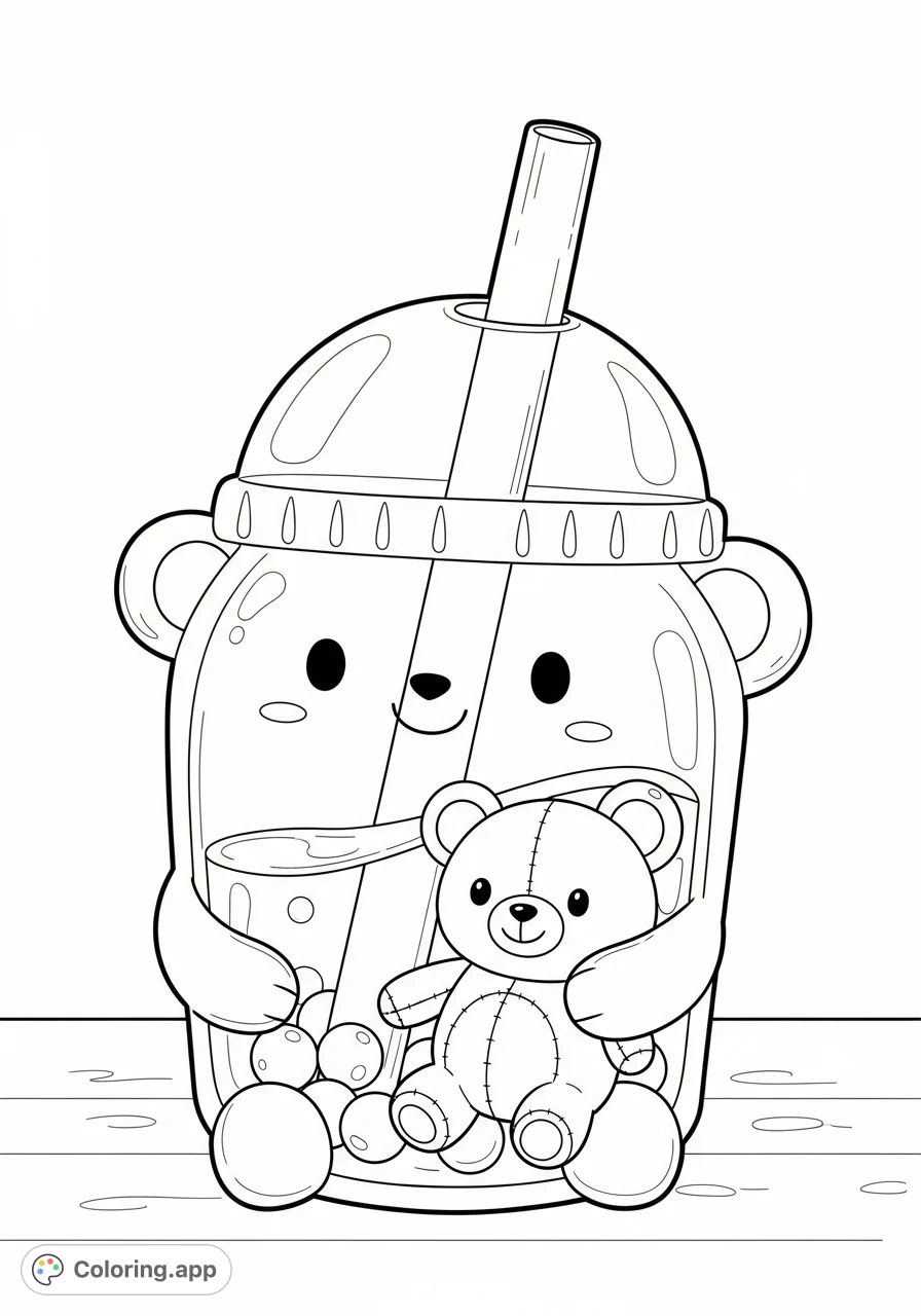 Adorable bear-shaped boba tea cup gently holding a sweet bear plushie. A charming, whimsical scene perfect for relaxation and creative expression.