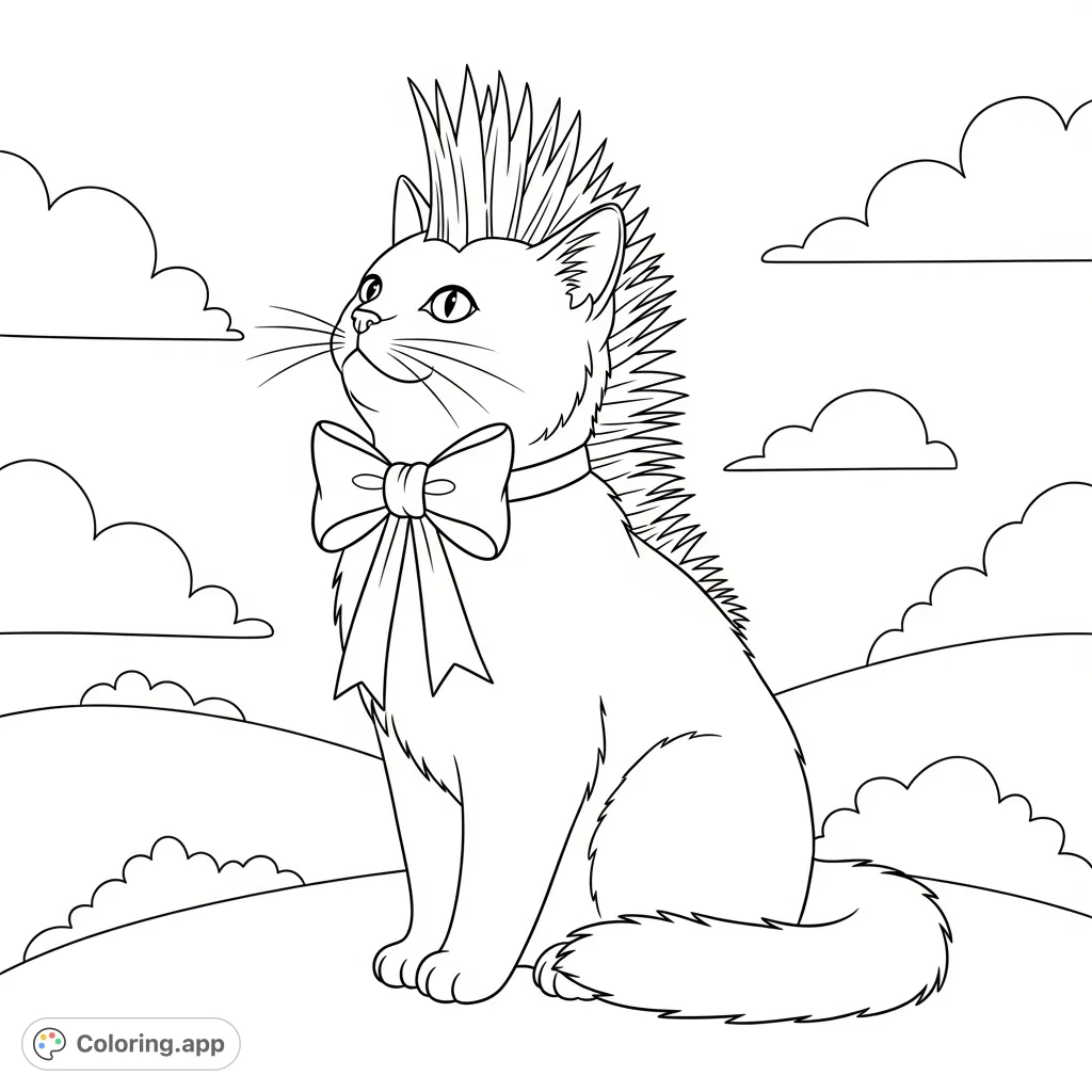 Discover a charming cat coloring page featuring a cool mohawk and an elegant bow. This free printable offers a delightful canvas for creativity and fun!