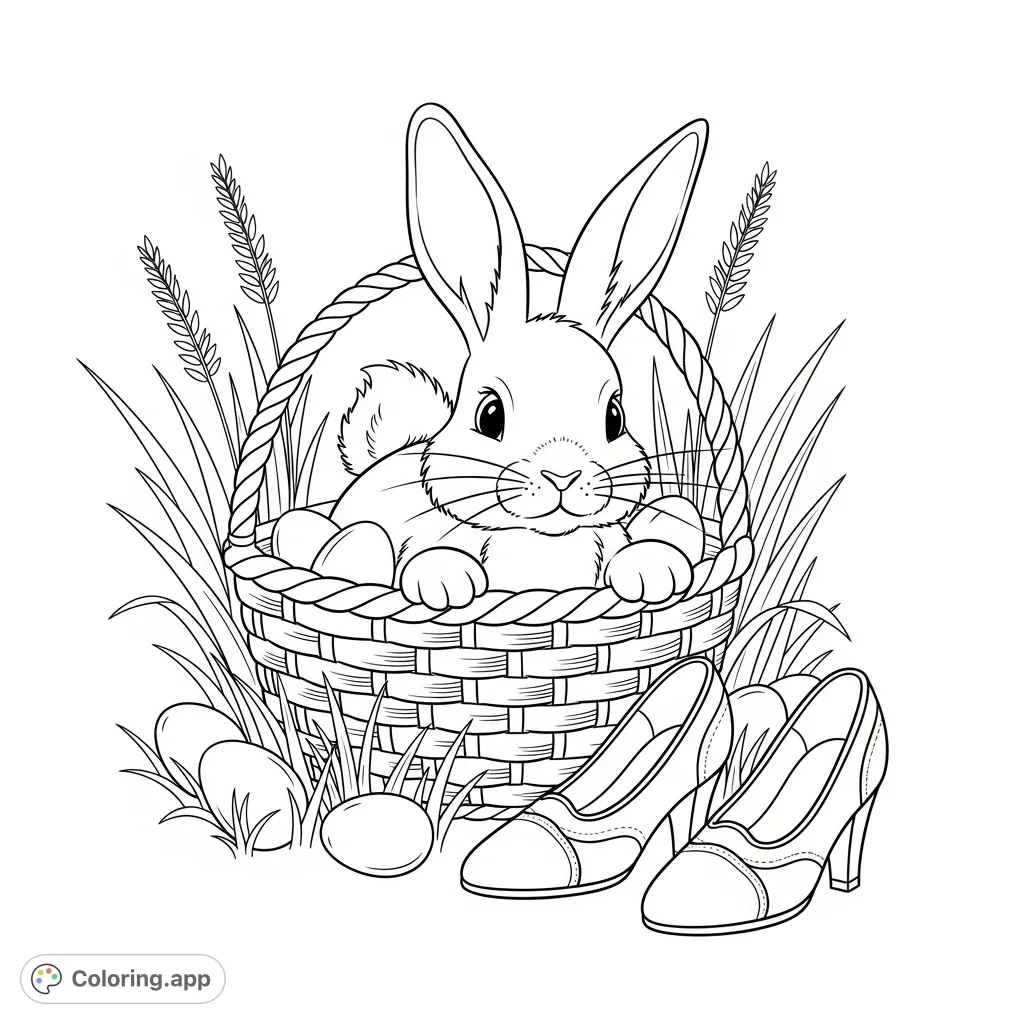 A cute Easter bunny peeks from a basket, surrounded by tall grass and tiny kids' heels, ready for an egg hunt. A whimsical scene for spring fun!