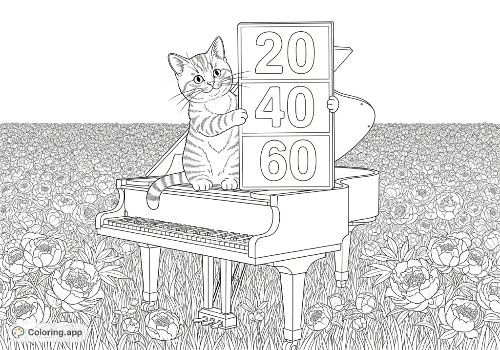 A charming tabby cat atop a grand piano in a field of peonies, holding a numerical sign (20, 40, 60). Perfect for creative expression!