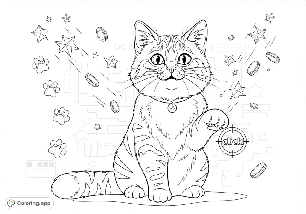 A fluffy, expressive cat surrounded by a shower of stars and coins, ready for interaction. A fun, whimsical cat clicker coloring page for all ages.