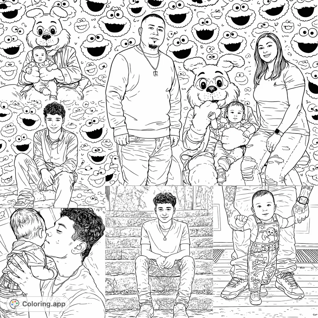 A heartwarming collage of family moments featuring a baby, young adults, and a friendly rabbit mascot, perfect for capturing cherished memories. Free printable coloring page.