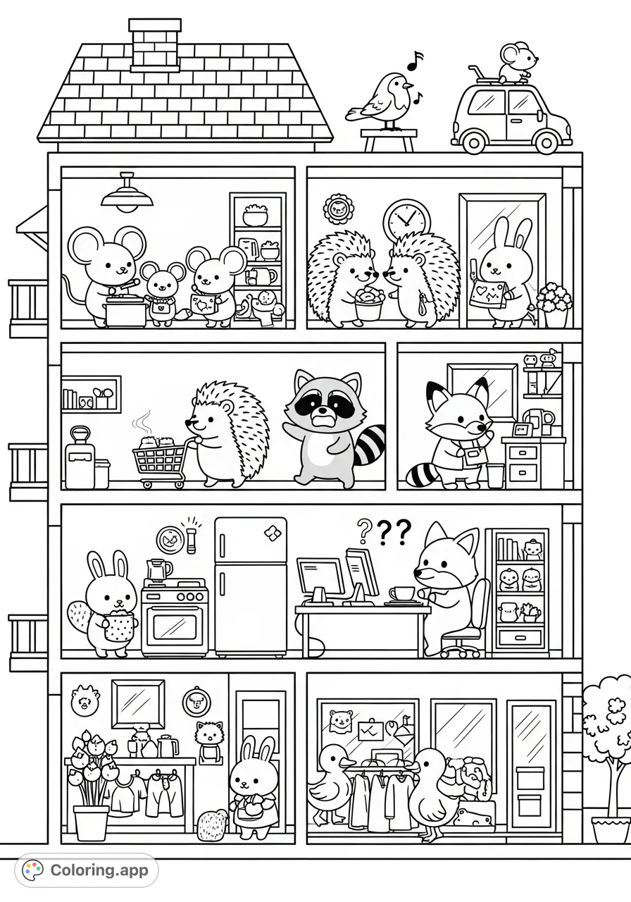 Explore a detailed cross-section of a multi-story building teeming with adorable animal characters like mice, hedgehogs, and a fox, performing daily tasks.