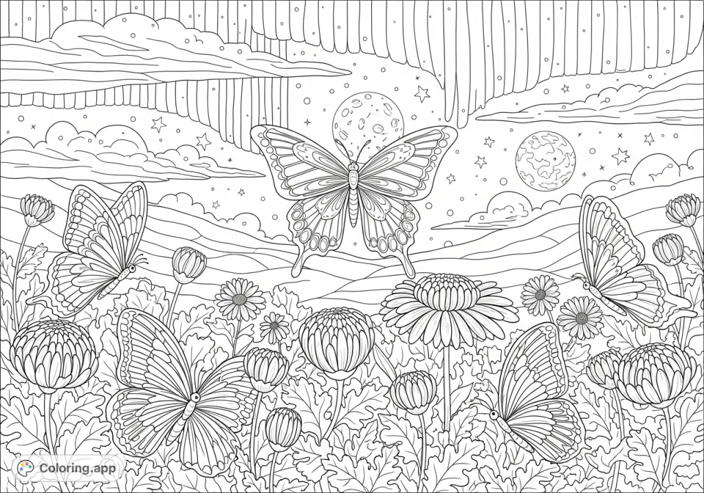 Explore a mystical detailed landscape coloring page featuring intricate butterflies amidst a dense garden under a dramatic, star-filled night sky with a prominent moon.