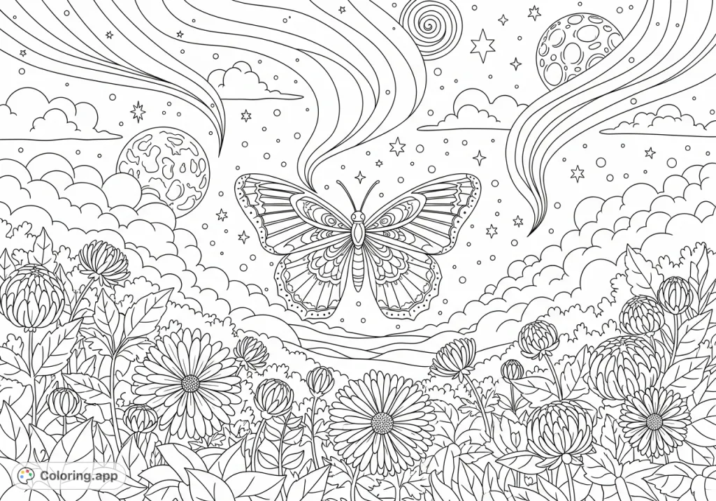 Discover a stunning celestial garden coloring page featuring intricate butterflies, detailed chrysanthemum-like flowers, and a dramatic starry night sky.