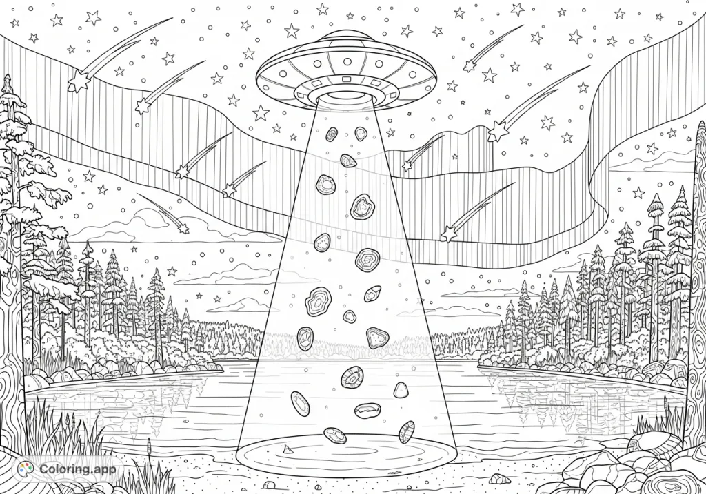 Experience a magical Minnesota lake night under a celestial show! A UFO beams over the shore, agates float, and the Northern Lights glow above dense trees.