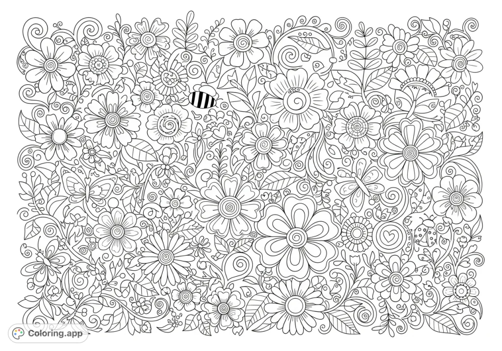 Immerse yourself in a beautiful, intricate floral pattern coloring page, filled with stylized flowers, swirling vines, delicate leaves, and hidden insects.