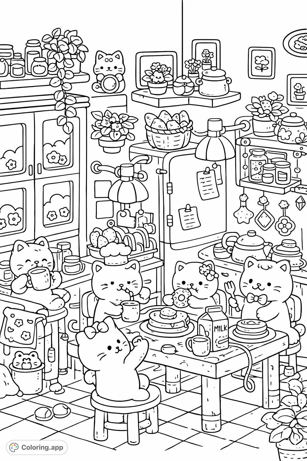 Join adorable kawaii cats in a whimsical kitchen! This playful coloring page features charming felines cooking and feasting amidst delightful kitchen clutter.