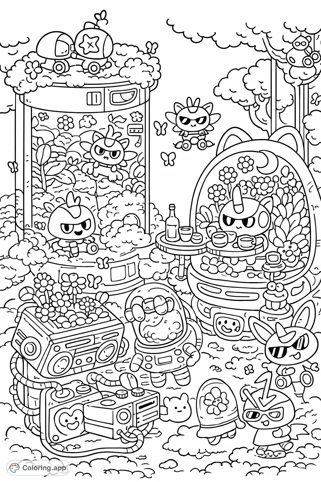 Dive into a whimsical world of kawaii creatures! This playful coloring page features adorable characters gathered for a fun party amidst plants and playful gadgets.