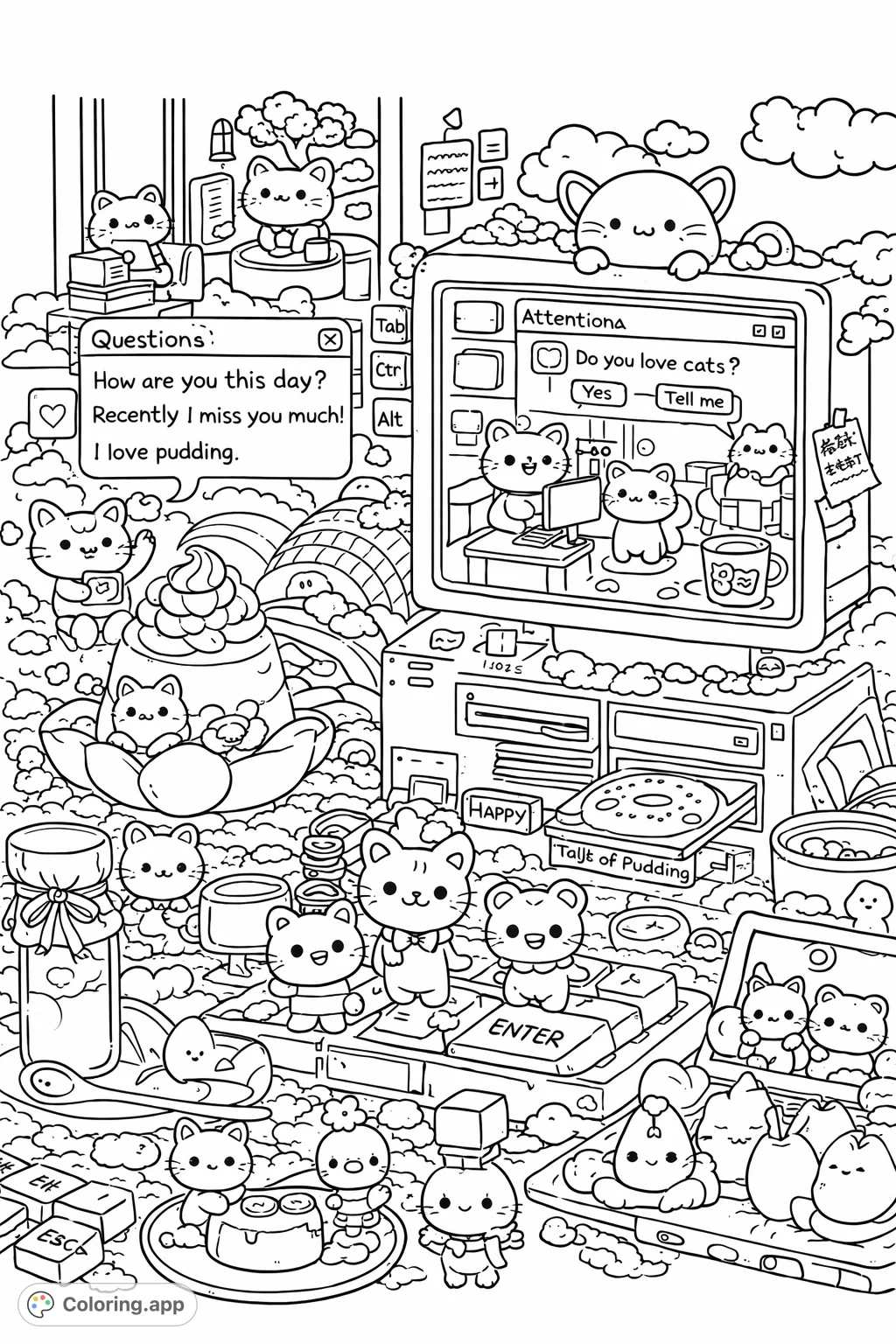 Explore a whimsical kawaii desktop scene filled with adorable bear-like characters, sweet puddings, and old-school computer elements. A playful and cute adventure awaits your creative touch.