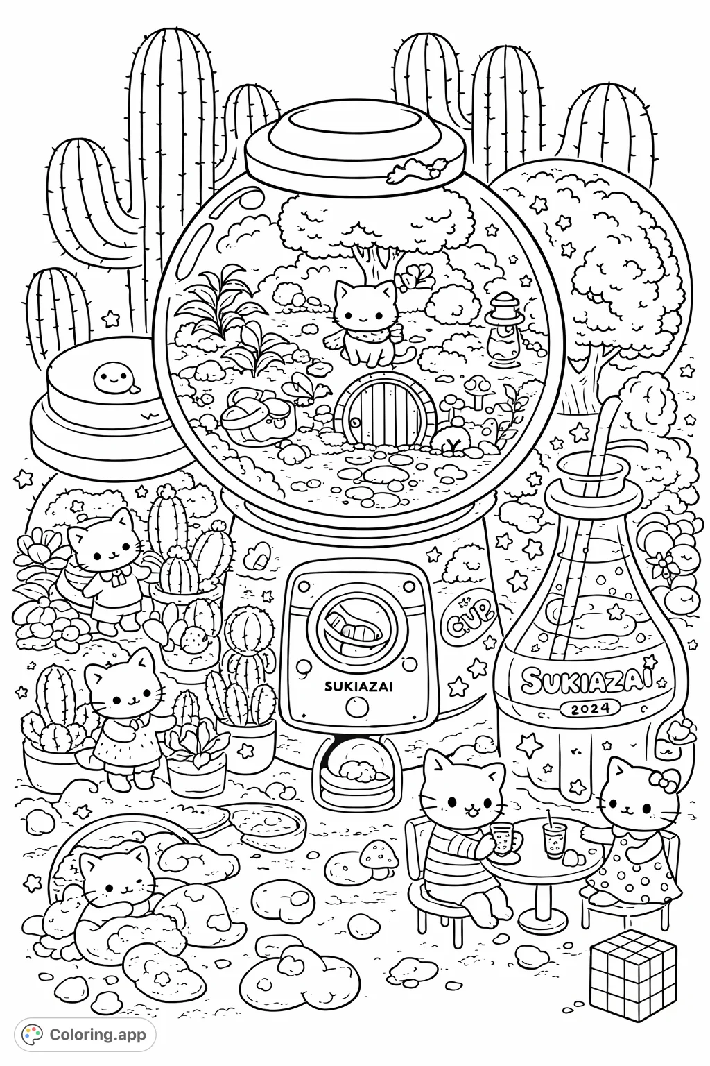 Explore a charming world inside a gumball machine! Adorable characters inhabit a tiny village surrounded by cacti and sweet treats, offering a delightful and whimsical coloring adventure.