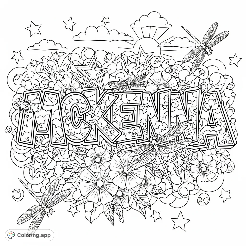 Dynamic 'MCKENNA' graffiti-style lettering intertwined with stars, blooming flowers, and detailed dragonflies against a bubbly, layered background.
