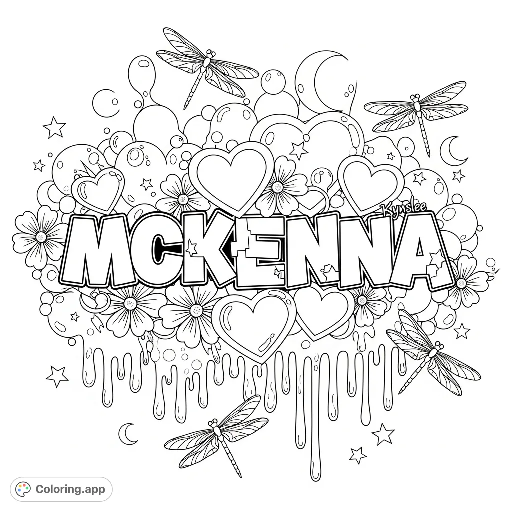 Personalized 'MCKENNA' graffiti art coloring page with bold letters, hearts, flowers, and intricate dragonflies, set against a dynamic urban background.
