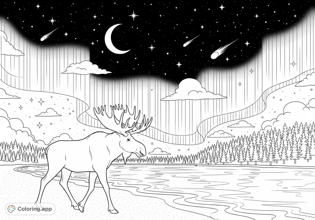 Experience the grandeur of nature with this bull moose on a tranquil lake shore, beneath spectacular aurora formations and a starlit night sky. A majestic wilderness coloring page.
